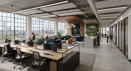Refurbished corporate headquarters with open-plan workstations