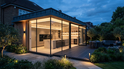 Open-plan rear extension with sliding glass doors onto a garden