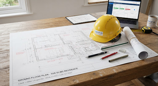 Architectural blueprint with hard hat and drafting tools