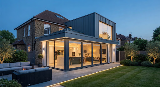 Modern glass extension glowing at dusk