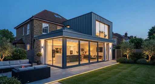 Modern glass extension glowing at dusk
