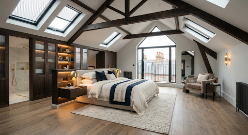 Loft conversion master suite with exposed beams and skylights