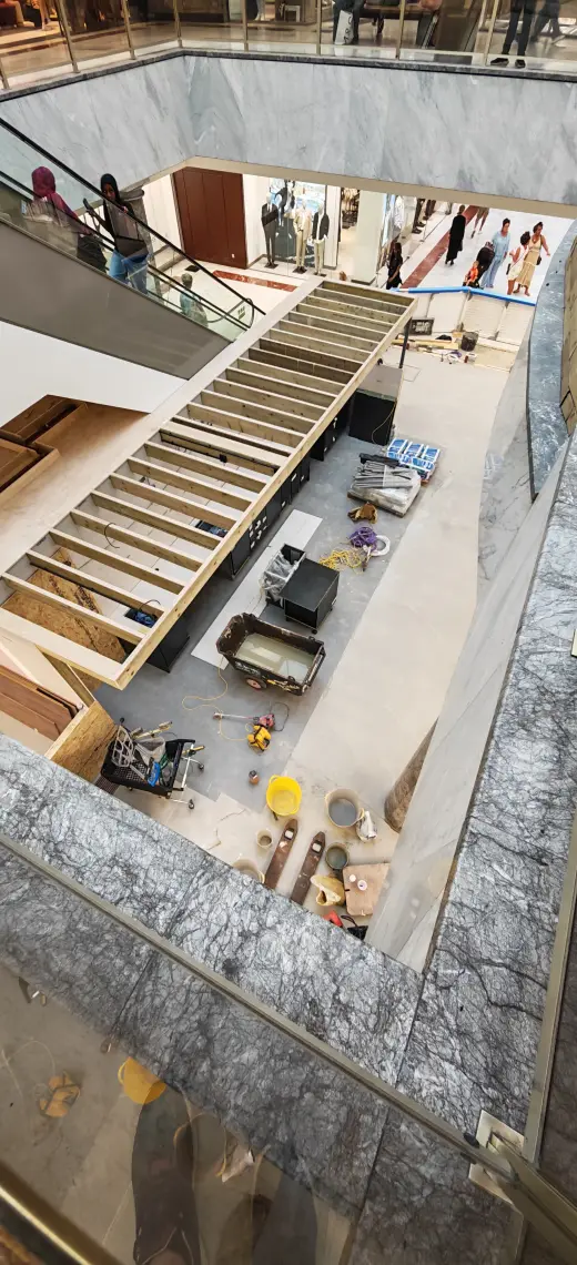 Overhead progress view of timber framing for the commercial coffee kiosk fit-out