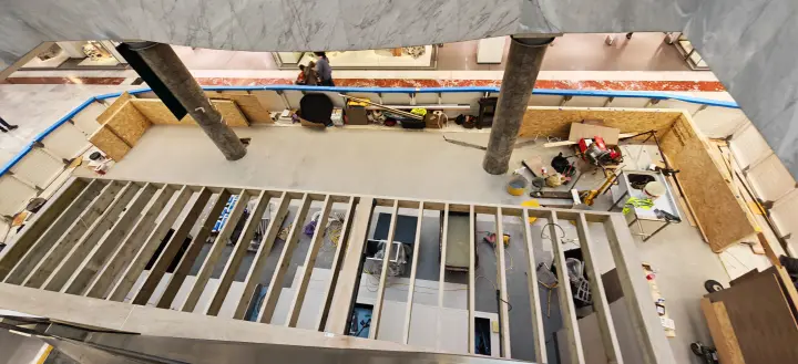 Site materials and first-fix services coordinated around counter base units
